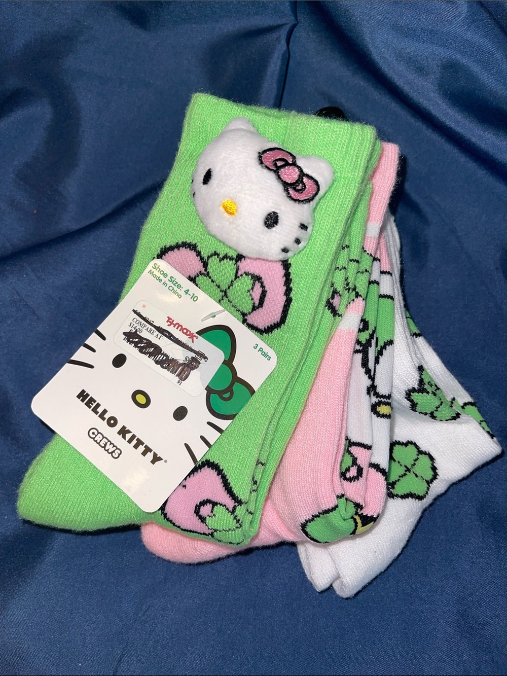 Hello Kitty Crew Socks — Green, Pink & White Puffy Hello Kitty (3-Pack)
